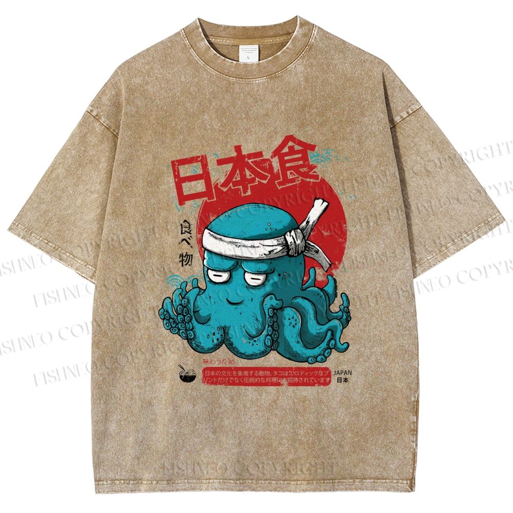 Unisex Japan Octopus Printed Washed Tee