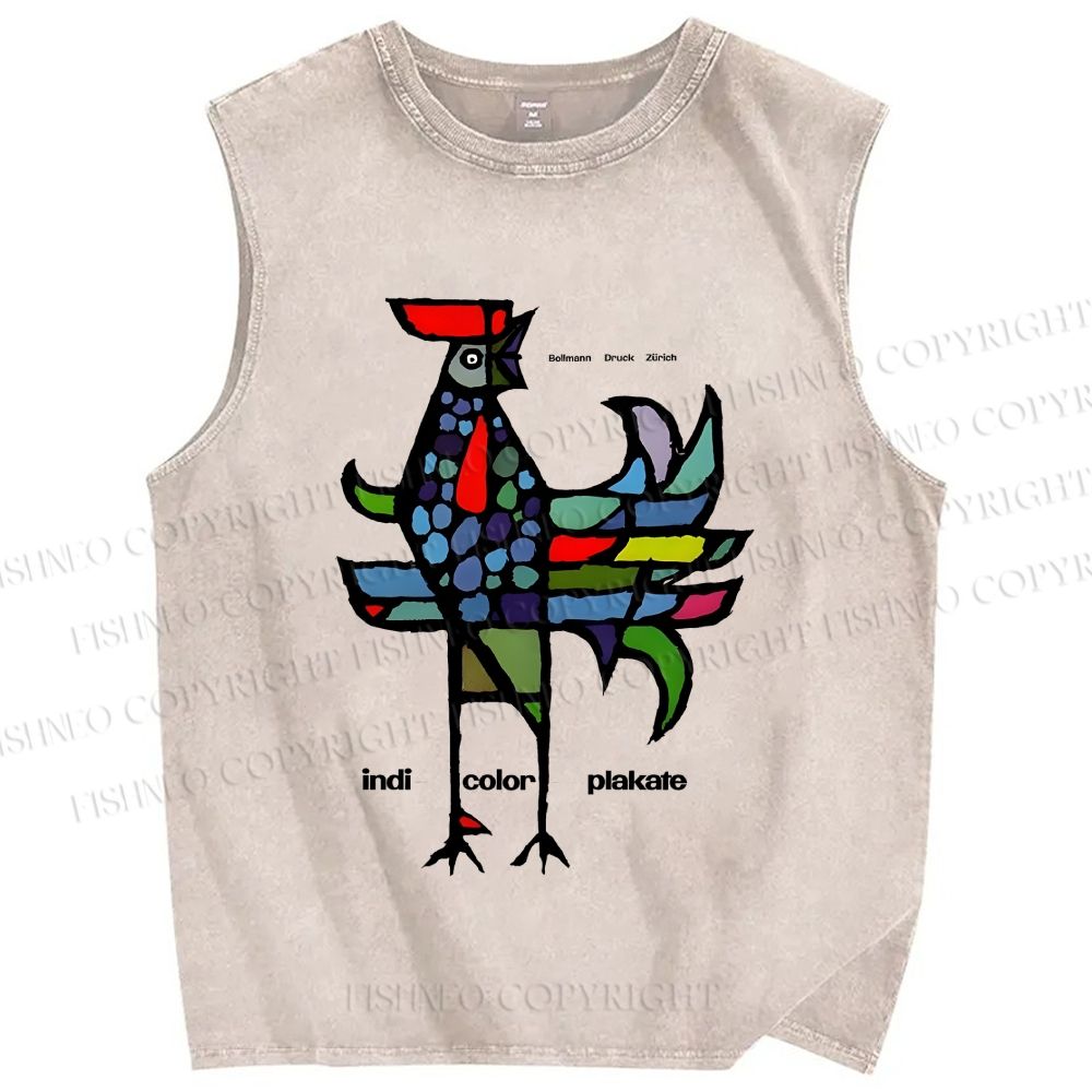 Unisex Rooster Printed Washed Tank Top