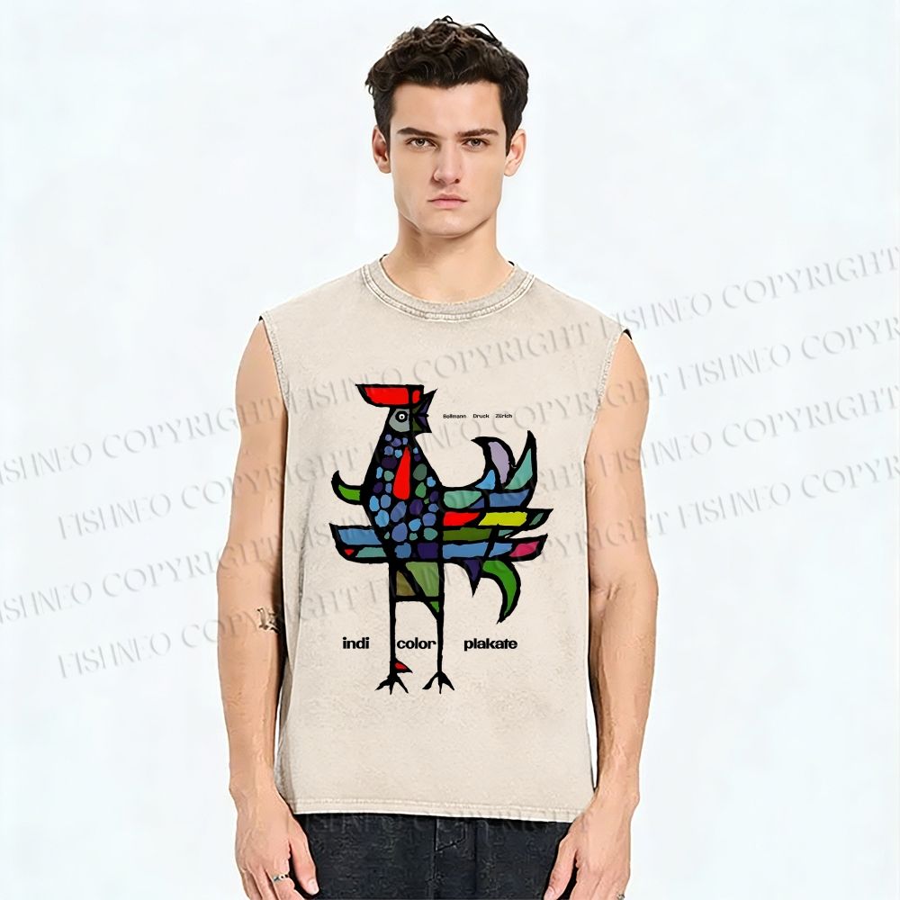 Unisex Rooster Printed Washed Tank Top