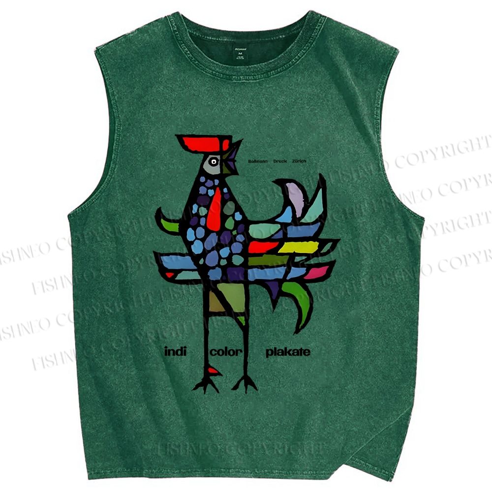 Unisex Rooster Printed Washed Tank Top