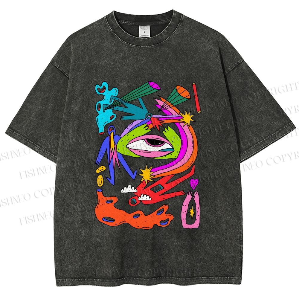 Unisex Multicolor Eye Graffiti Printed Washed Tee
