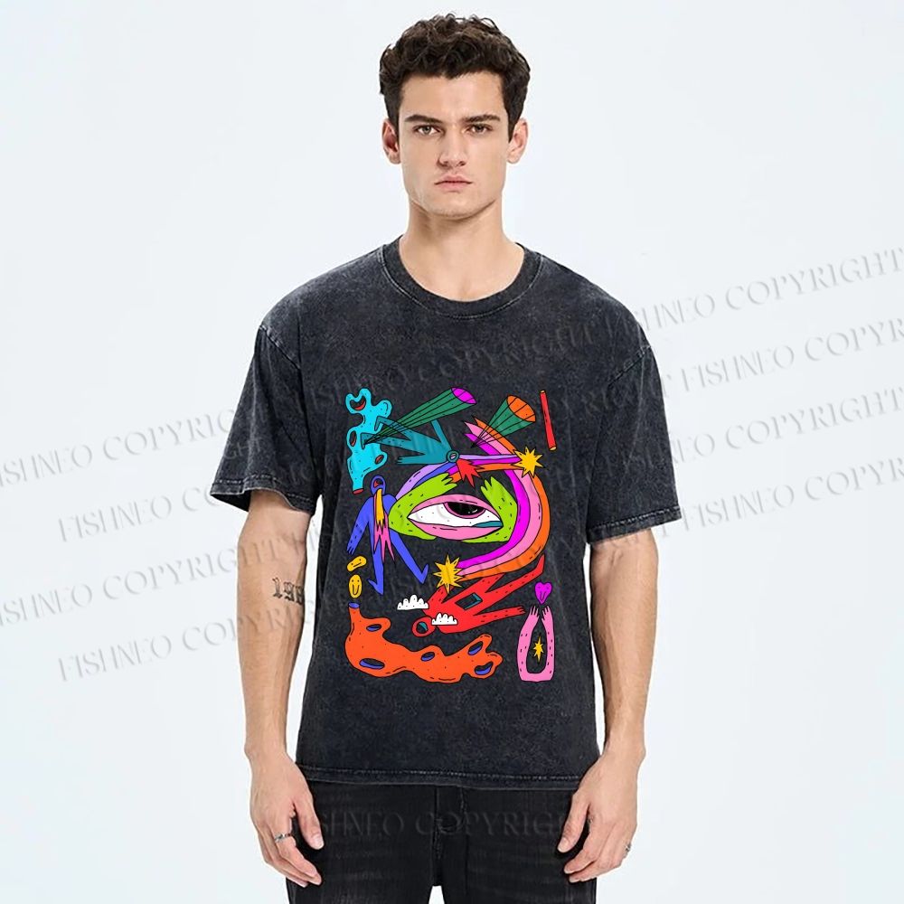 Unisex Multicolor Eye Graffiti Printed Washed Tee