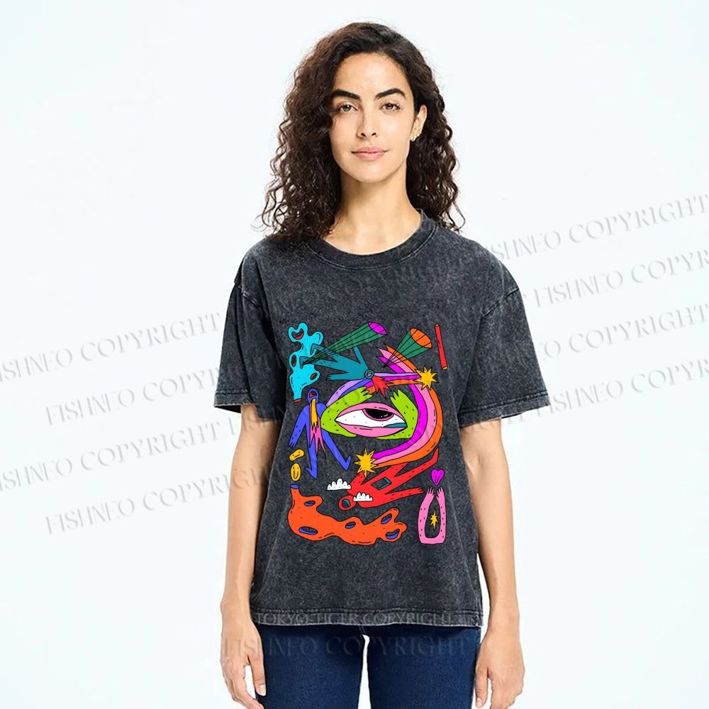Unisex Multicolor Eye Graffiti Printed Washed Tee