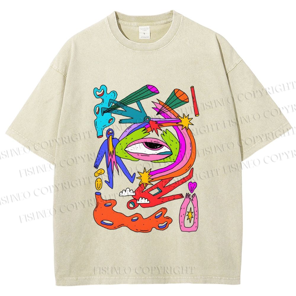 Unisex Multicolor Eye Graffiti Printed Washed Tee