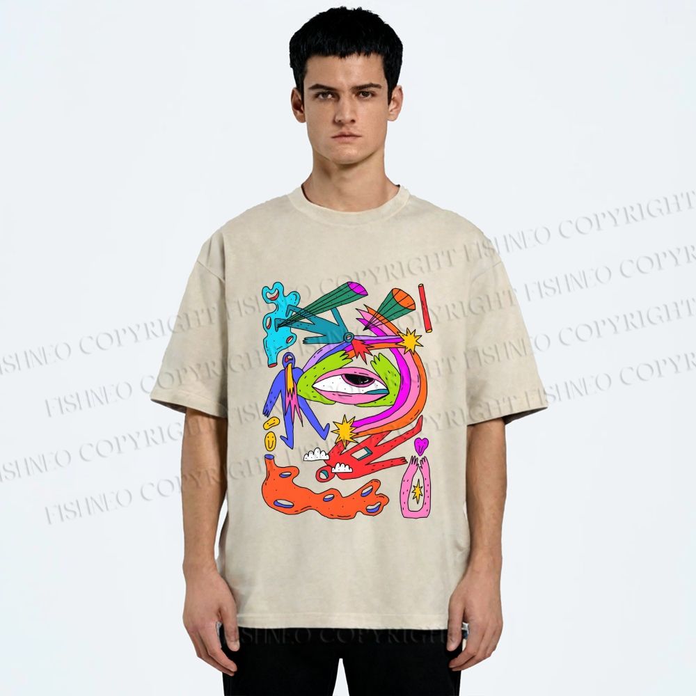 Unisex Multicolor Eye Graffiti Printed Washed Tee