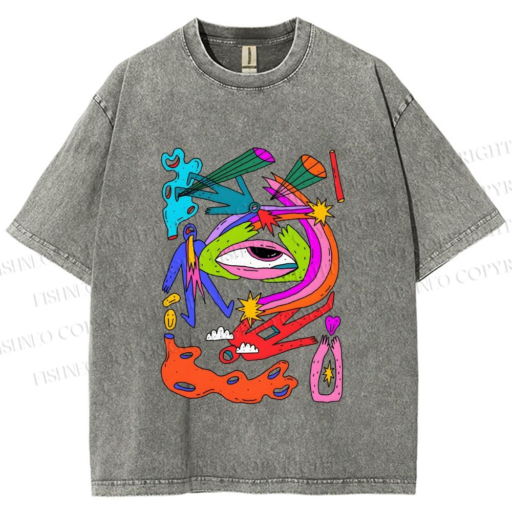 Unisex Multicolor Eye Graffiti Printed Washed Tee