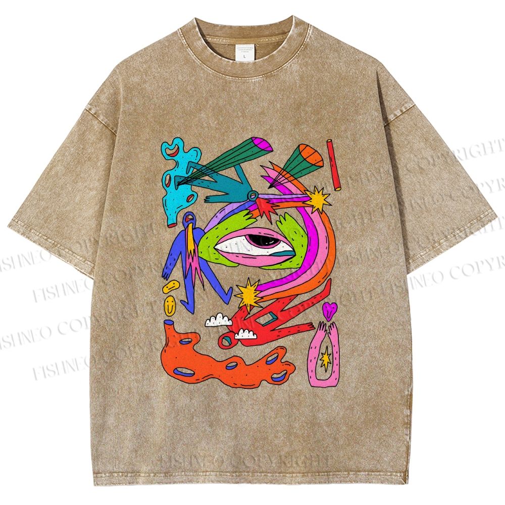 Unisex Multicolor Eye Graffiti Printed Washed Tee