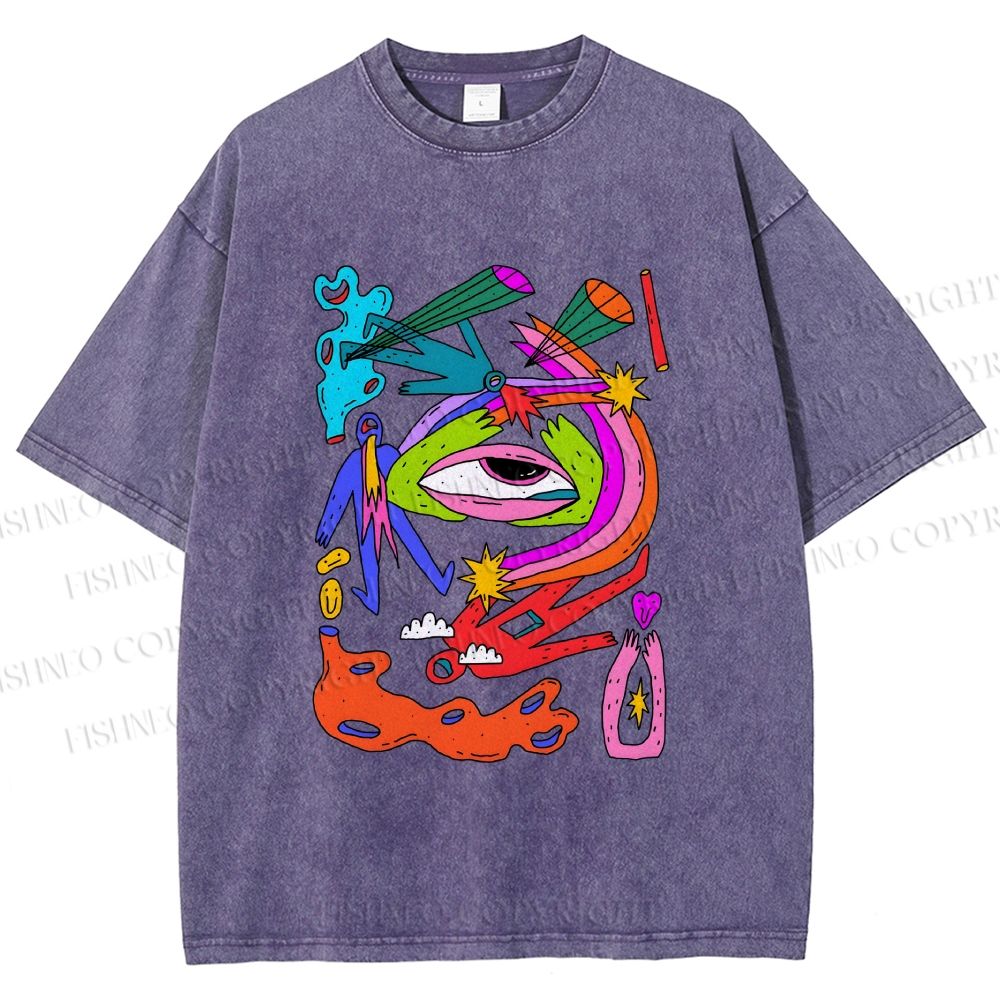 Unisex Multicolor Eye Graffiti Printed Washed Tee