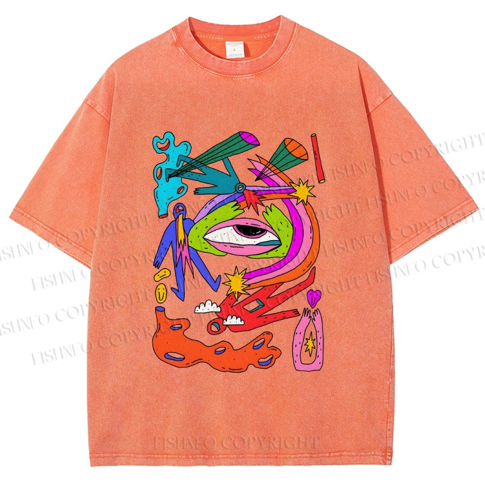 Unisex Multicolor Eye Graffiti Printed Washed Tee