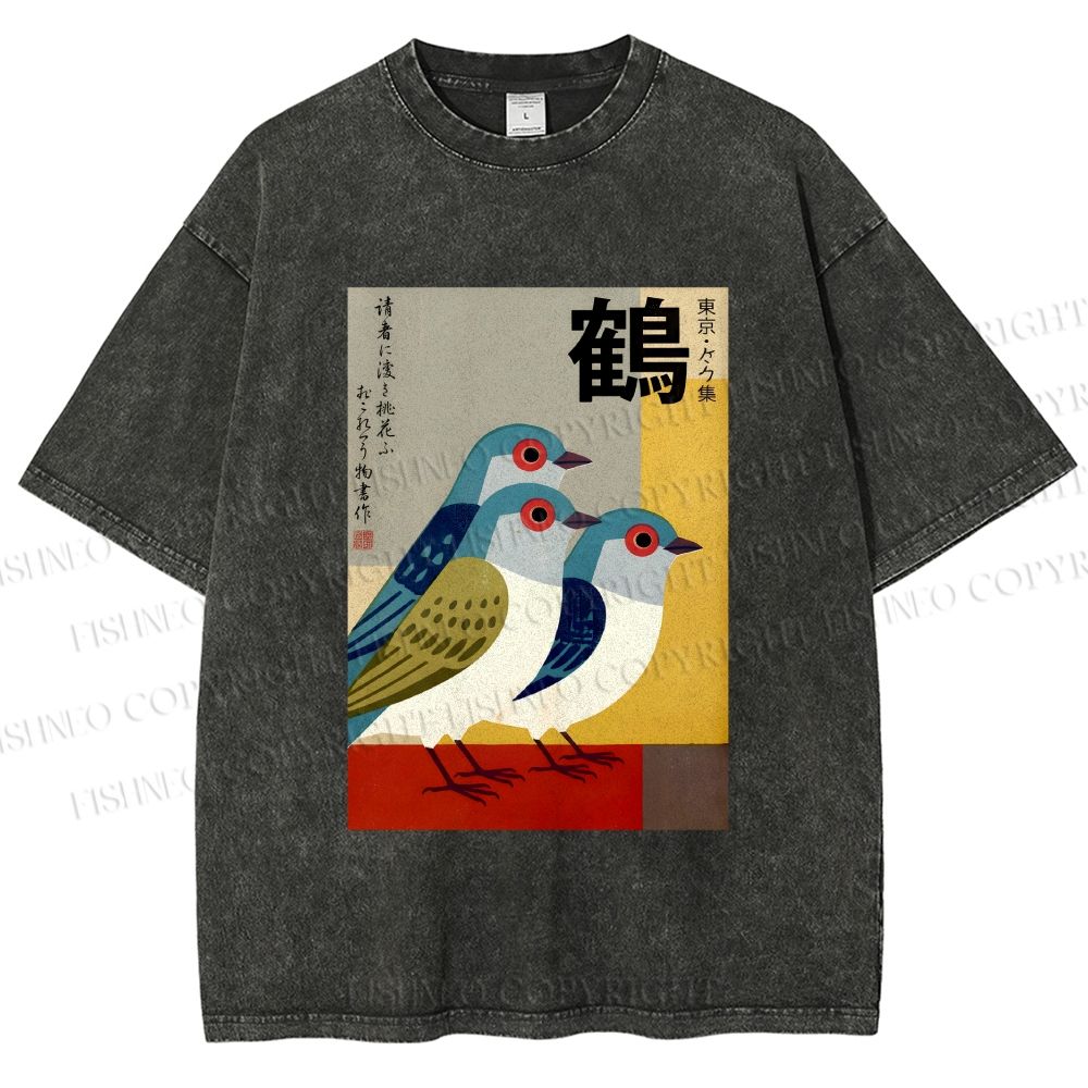 Unisex Japanese Crane Printed Washed Tee