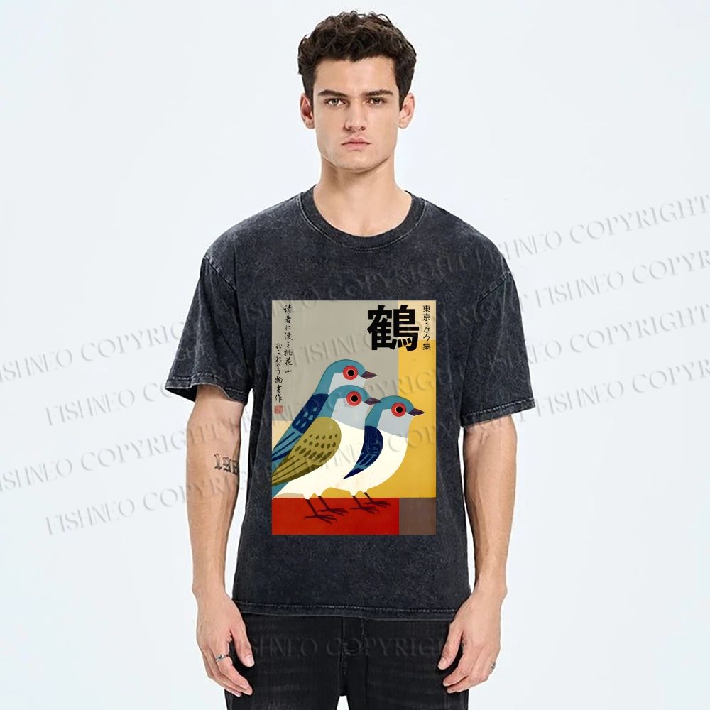 Unisex Japanese Crane Printed Washed Tee