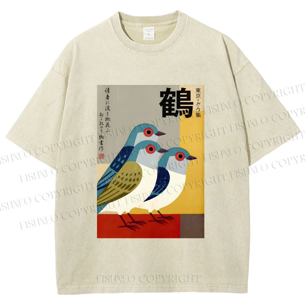 Unisex Japanese Crane Printed Washed Tee
