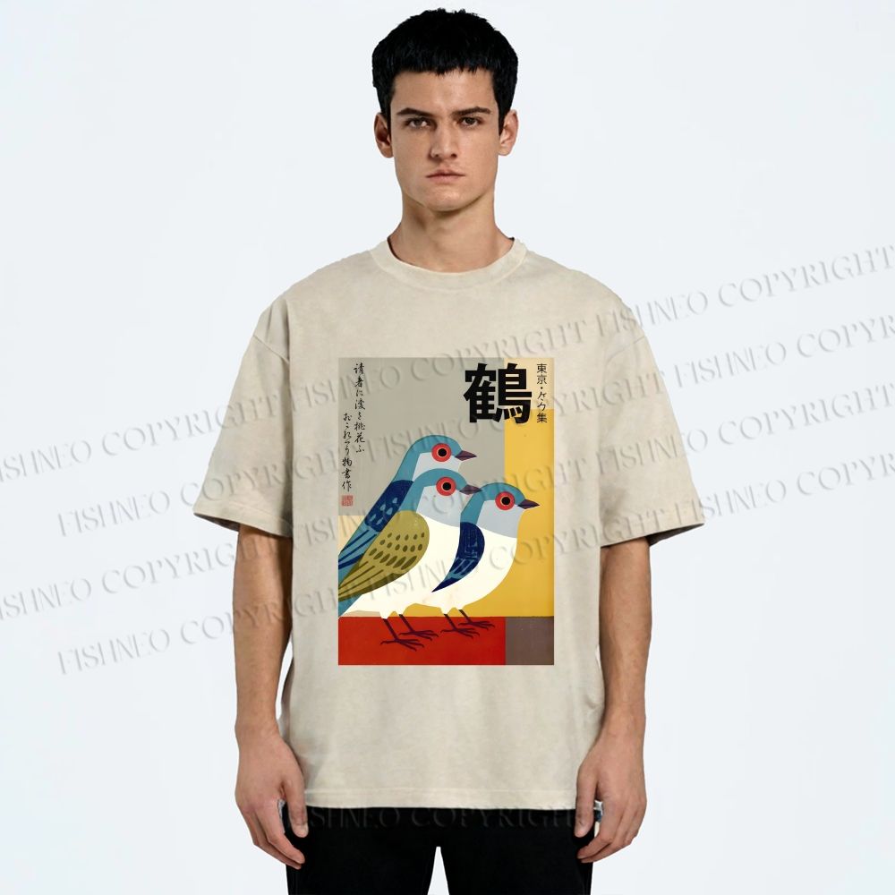 Unisex Japanese Crane Printed Washed Tee