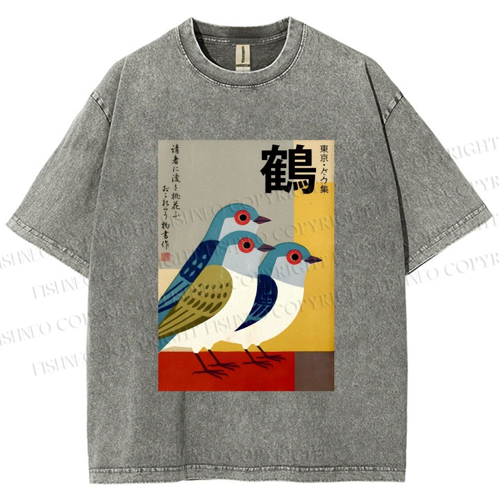 Unisex Japanese Crane Printed Washed Tee