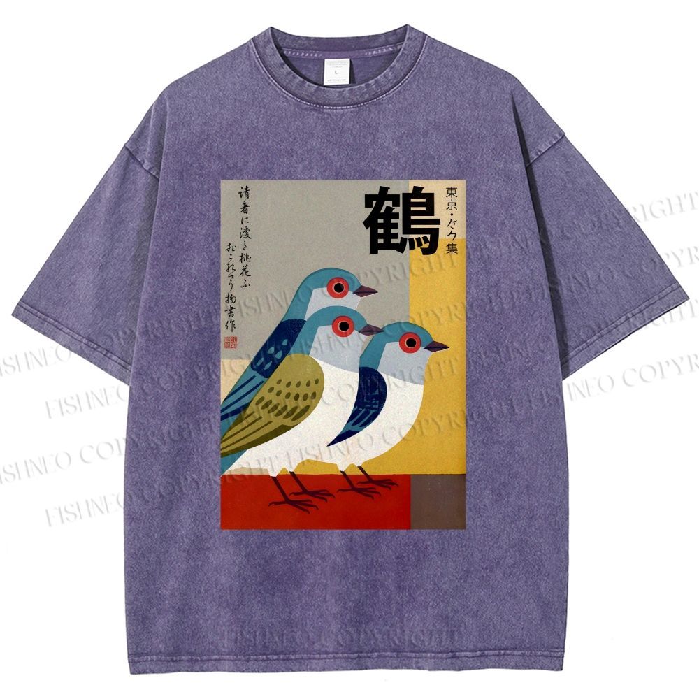 Unisex Japanese Crane Printed Washed Tee