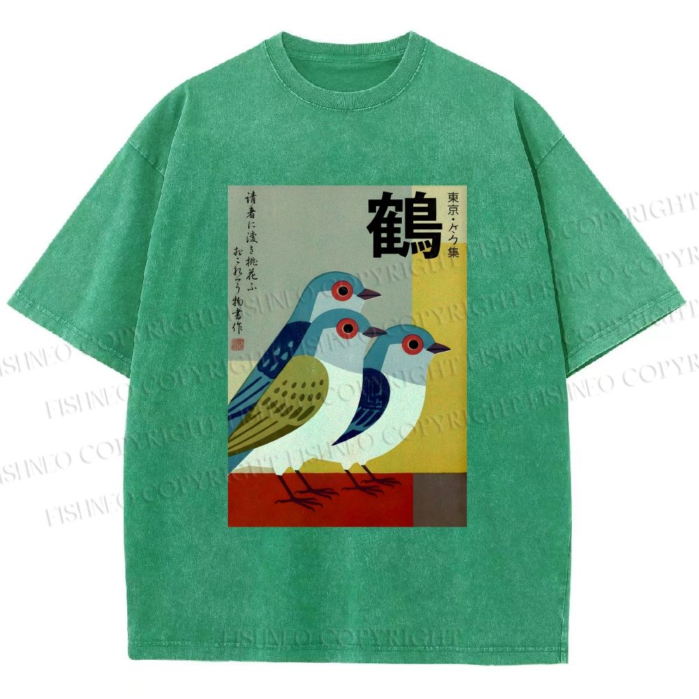 Unisex Japanese Crane Printed Washed Tee