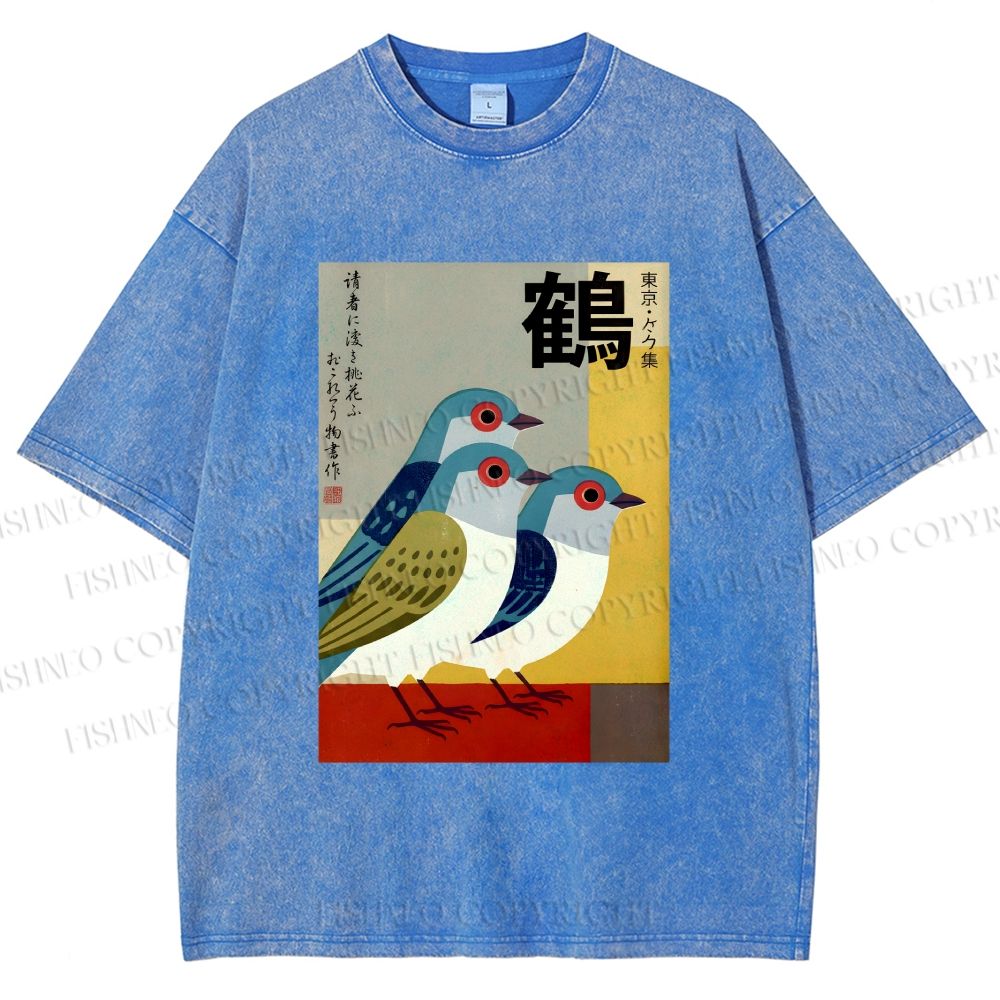 Unisex Japanese Crane Printed Washed Tee