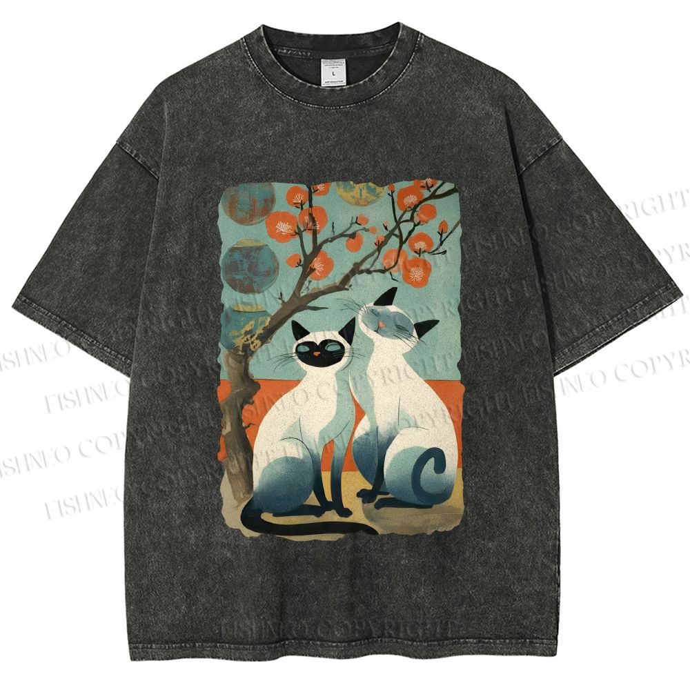 Unisex Vintage Cats Printed Washed Tee