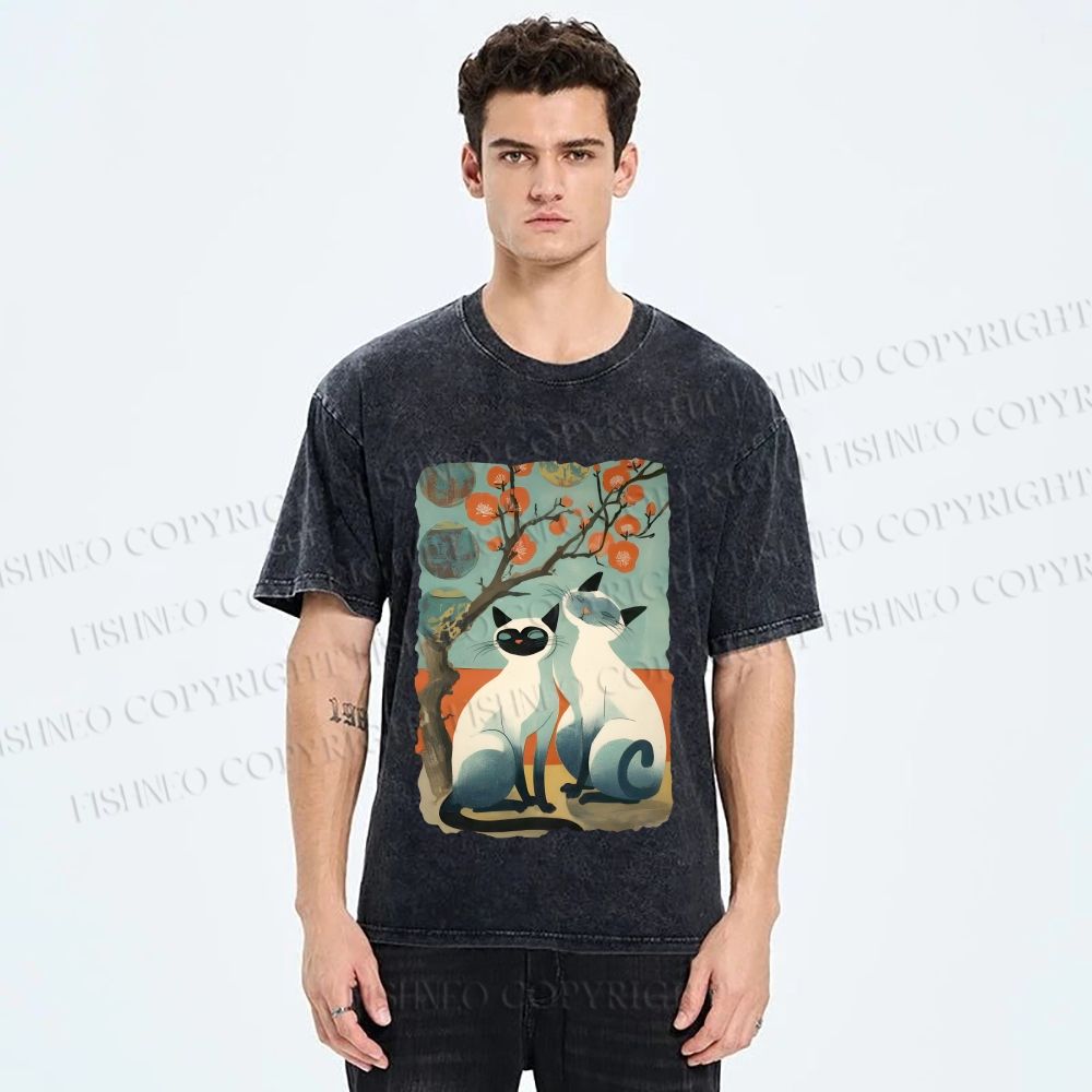 Unisex Vintage Cats Printed Washed Tee
