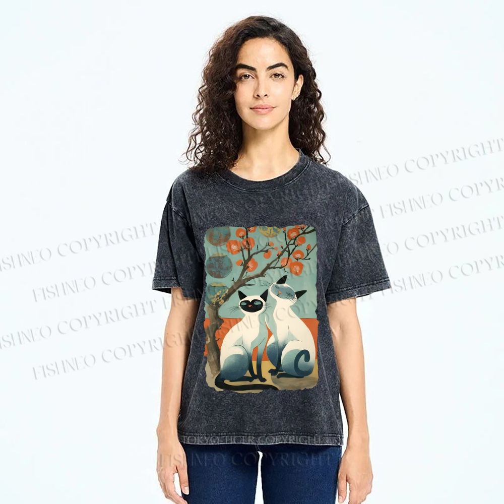 Unisex Vintage Cats Printed Washed Tee
