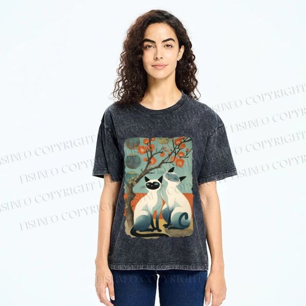 Unisex Vintage Cats Printed Washed Tee