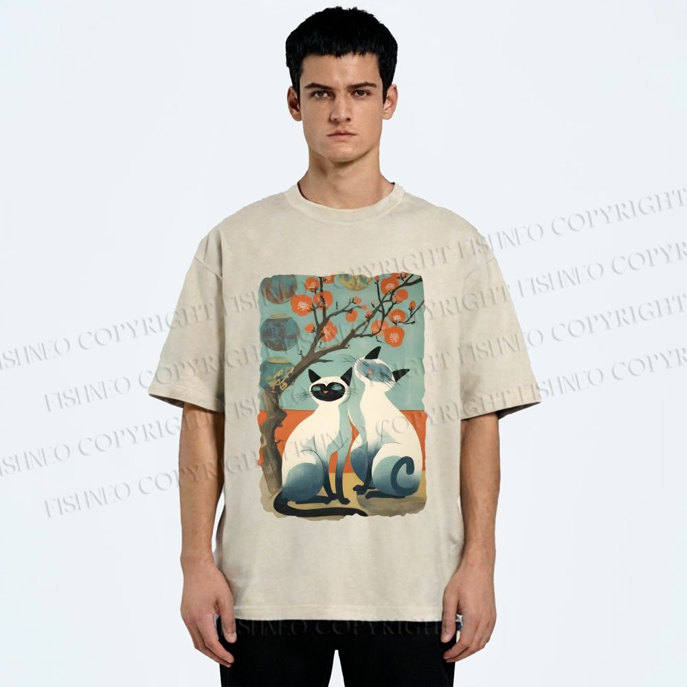 Unisex Vintage Cats Printed Washed Tee