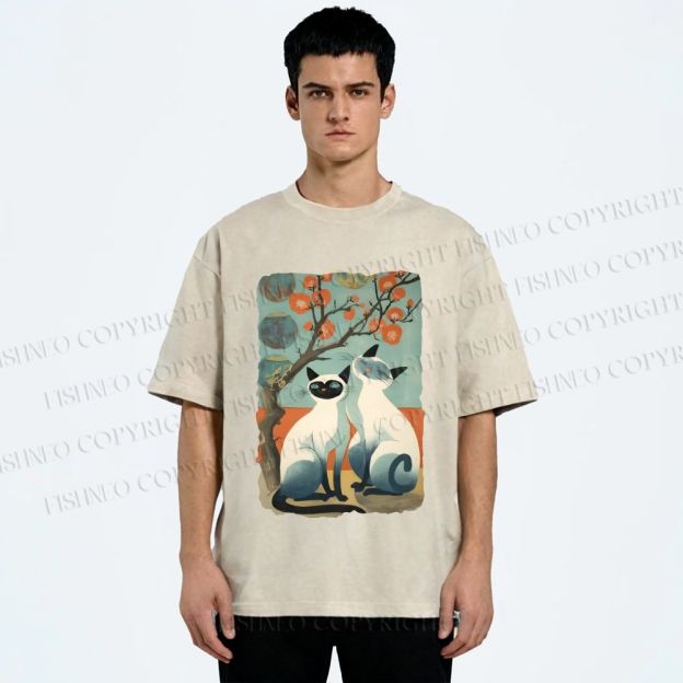 Unisex Vintage Cats Printed Washed Tee