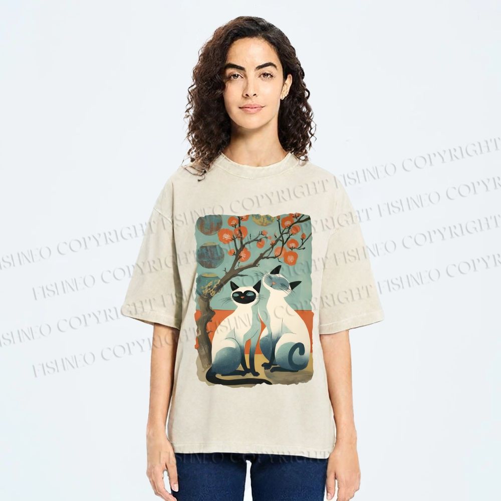 Unisex Vintage Cats Printed Washed Tee