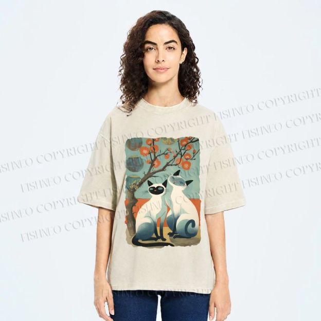 Unisex Vintage Cats Printed Washed Tee