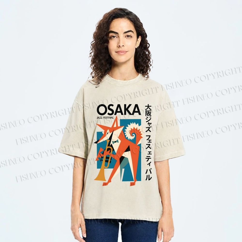 Unisex Fox Playing Trumpet Osaka Jazz Festival Printed Washed Tee