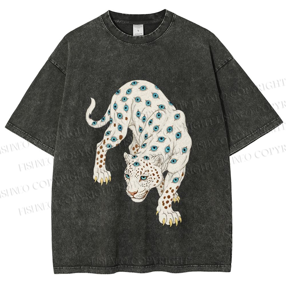 Unisex White Panther With Eyes Printed Washed Tee