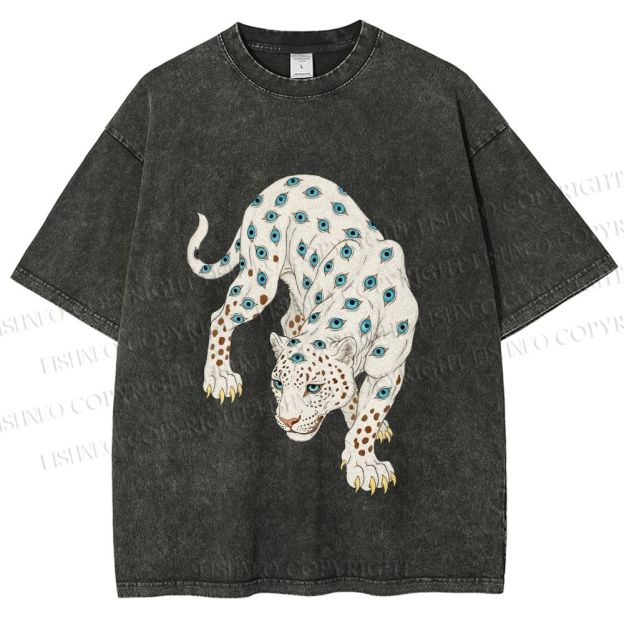 Unisex White Panther With Eyes Printed Washed Tee
