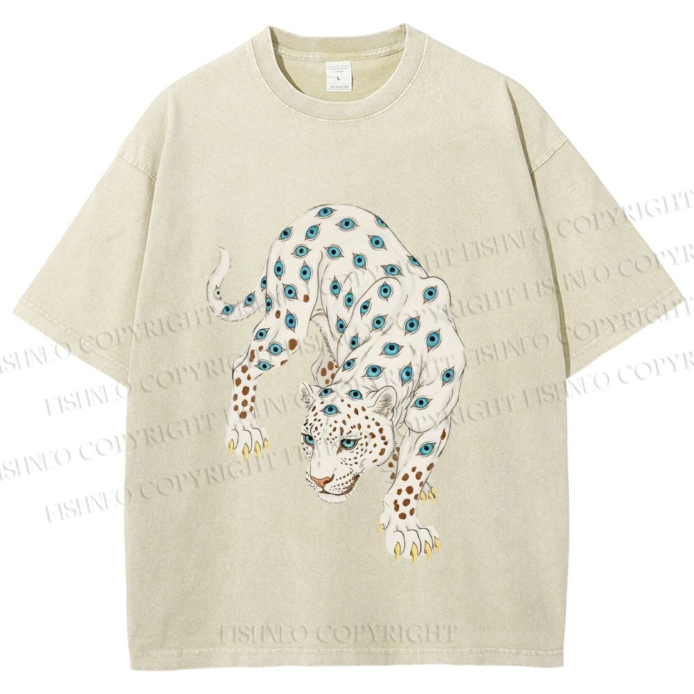 Unisex White Panther With Eyes Printed Washed Tee