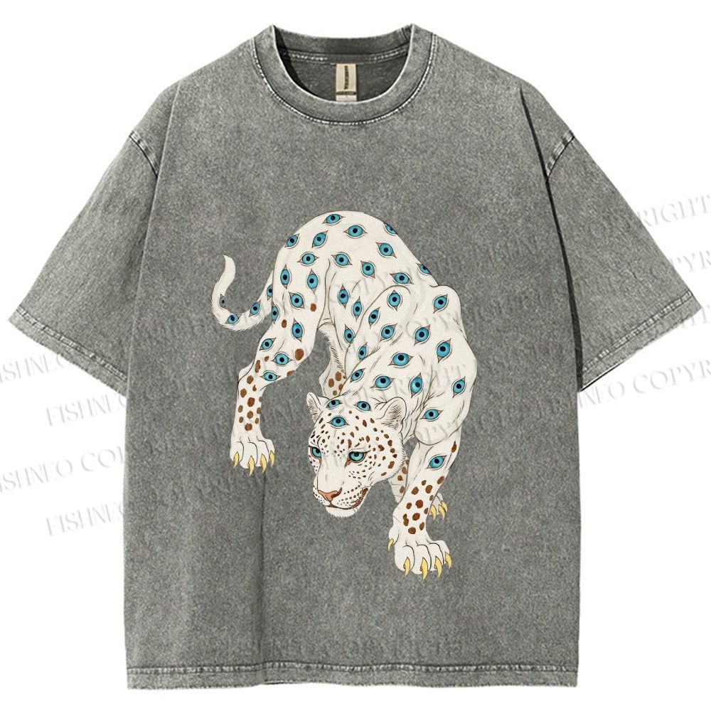 Unisex White Panther With Eyes Printed Washed Tee