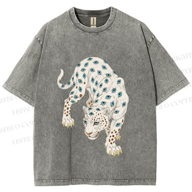Unisex White Panther With Eyes Printed Washed Tee