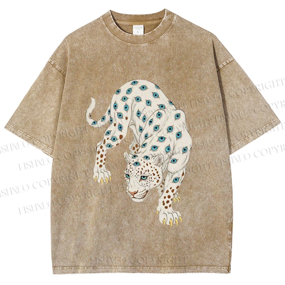 Unisex White Panther With Eyes Printed Washed Tee