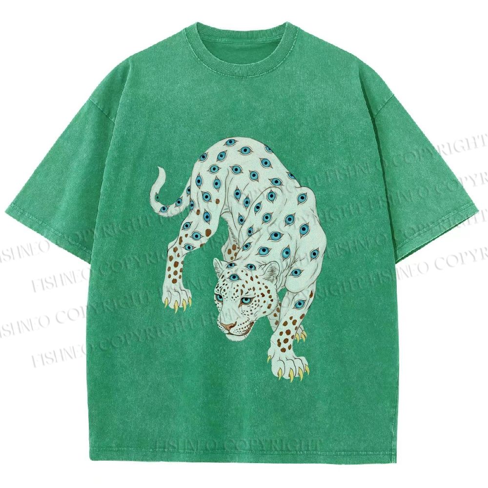 Unisex White Panther With Eyes Printed Washed Tee