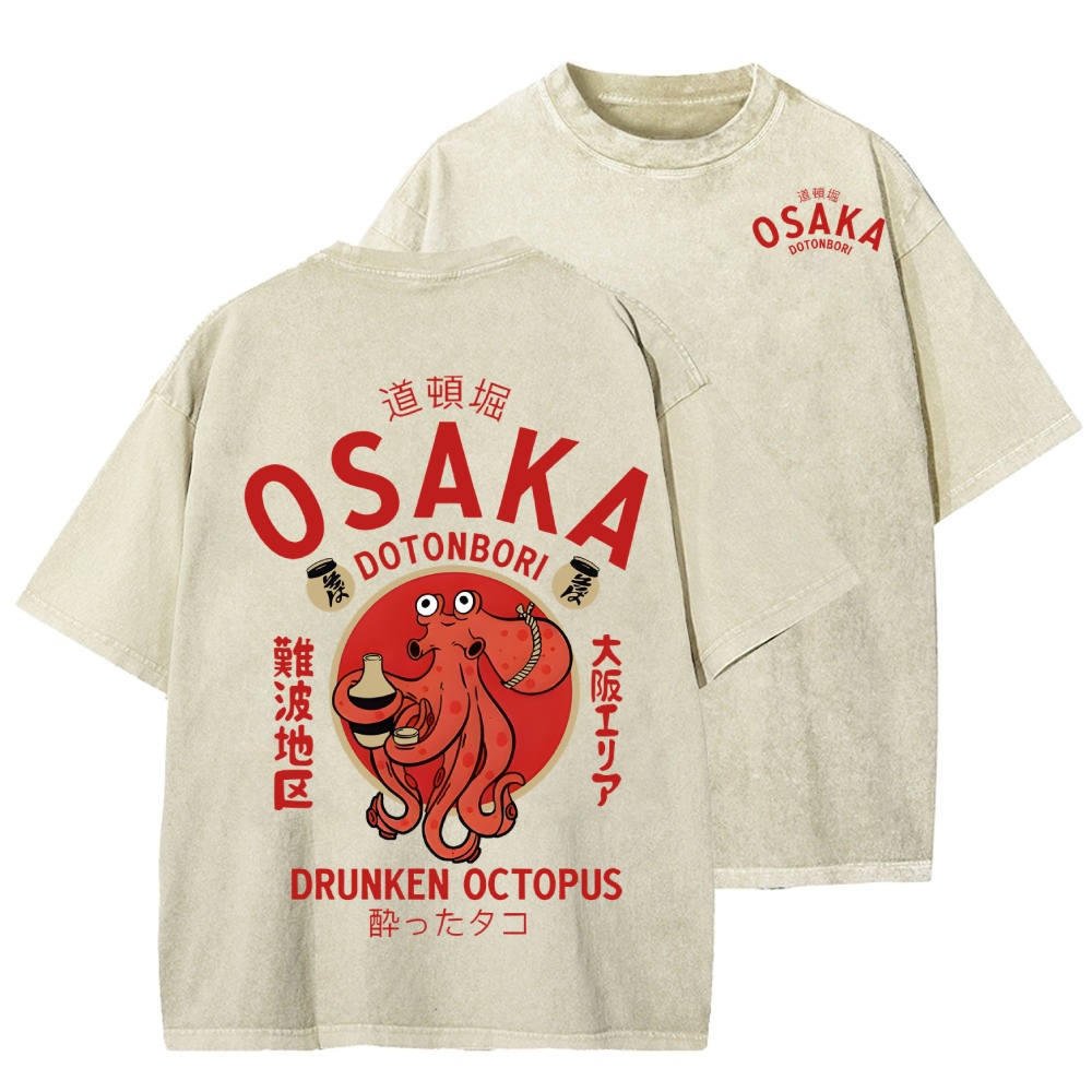 Osaka Dotonbori Drunken Octopus Vintage Wash Japanese Design Back Art T-Shirt