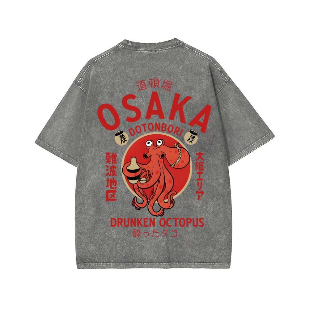 Osaka Dotonbori Drunken Octopus Vintage Wash Japanese Design Back Art T-Shirt