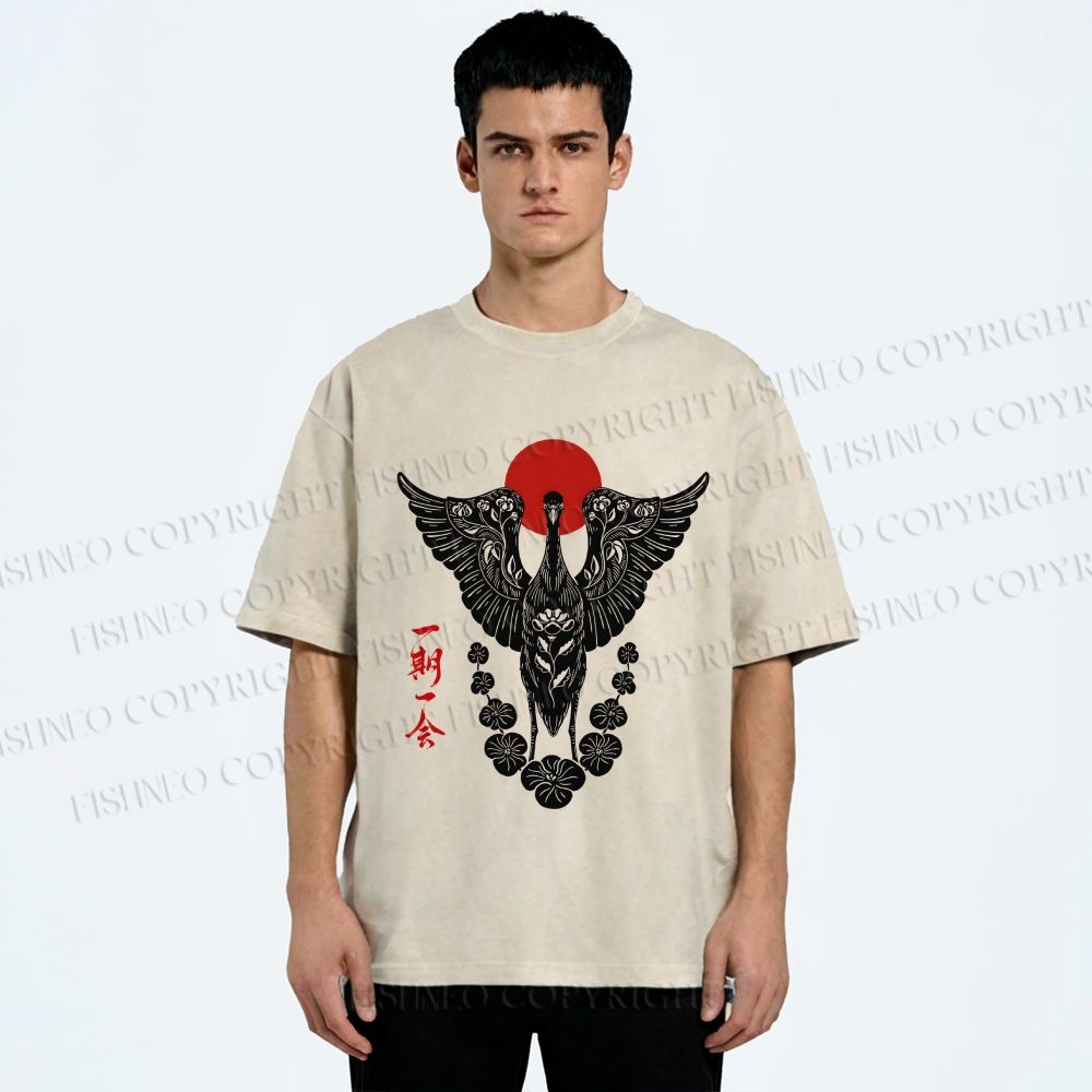 Unisex Japanese Crane Ichigo Ichie Printed Washed Tee
