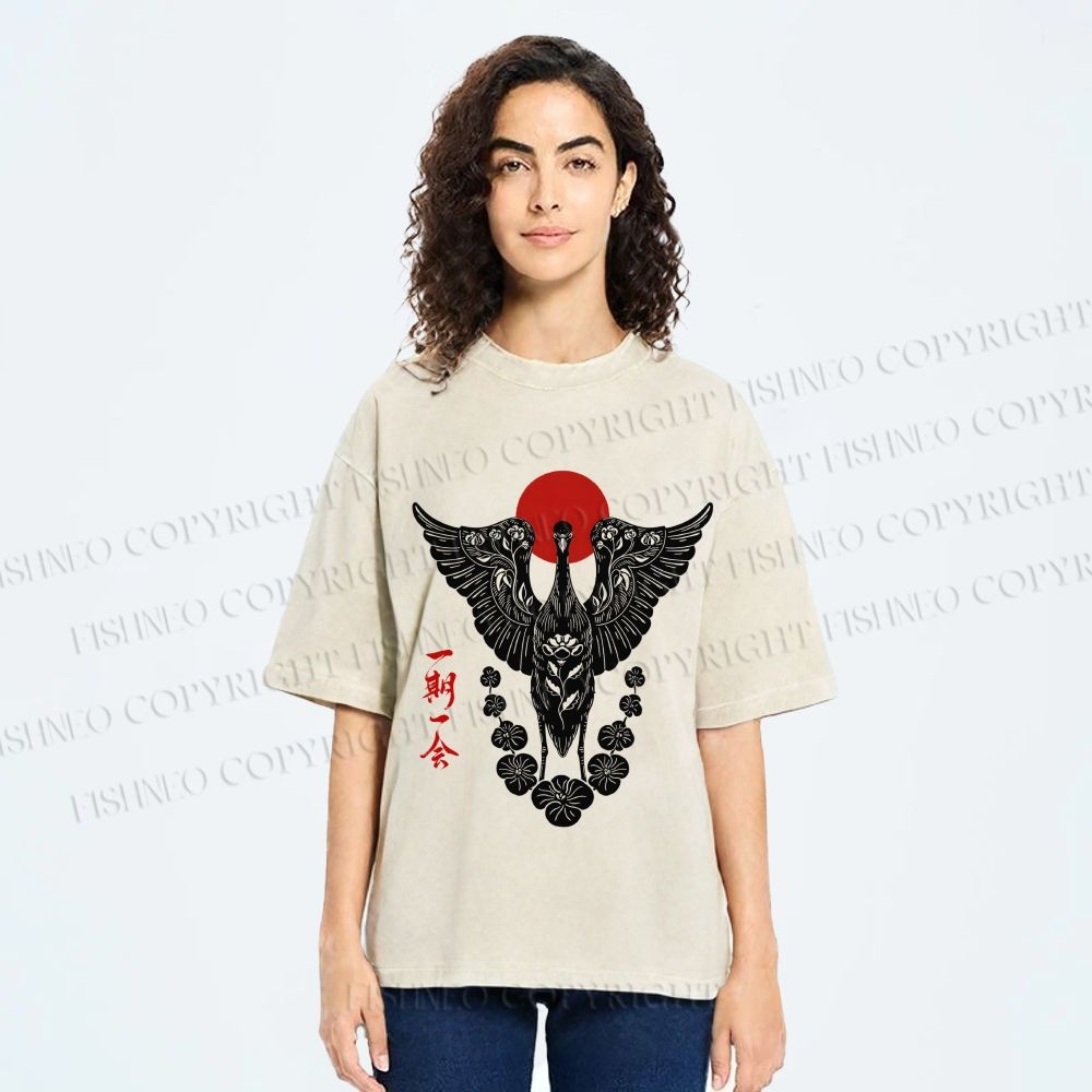 Unisex Japanese Crane Ichigo Ichie Printed Washed Tee