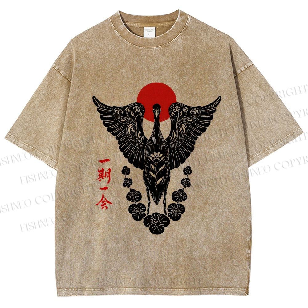 Unisex Japanese Crane Ichigo Ichie Printed Washed Tee