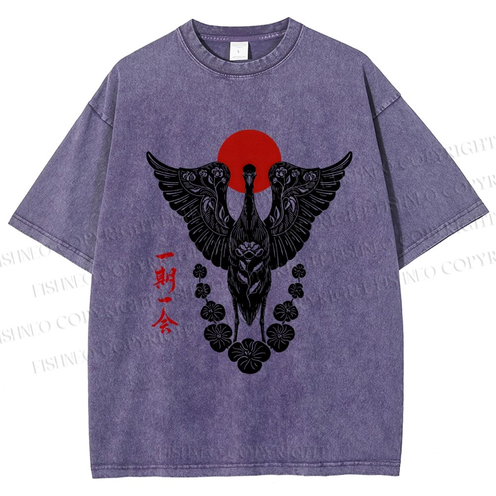 Unisex Japanese Crane Ichigo Ichie Printed Washed Tee