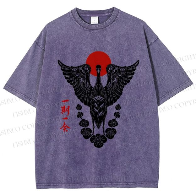 Unisex Japanese Crane Ichigo Ichie Printed Washed Tee