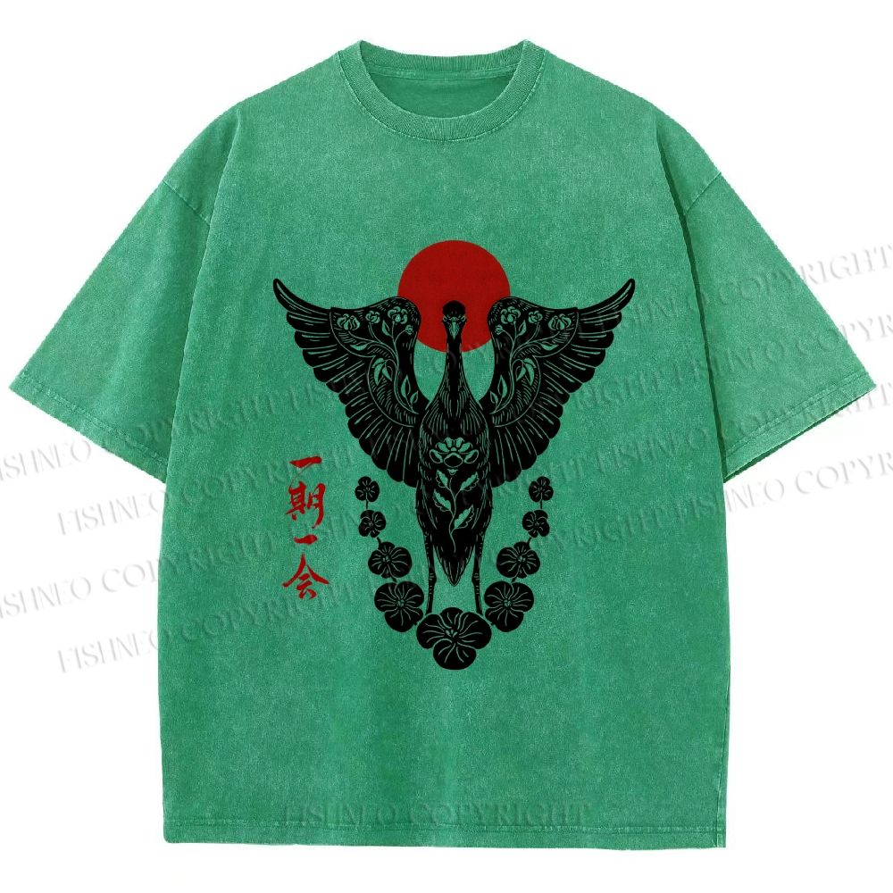 Unisex Japanese Crane Ichigo Ichie Printed Washed Tee