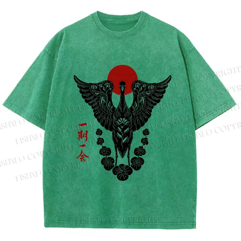 Unisex Japanese Crane Ichigo Ichie Printed Washed Tee