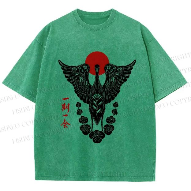 Unisex Japanese Crane Ichigo Ichie Printed Washed Tee