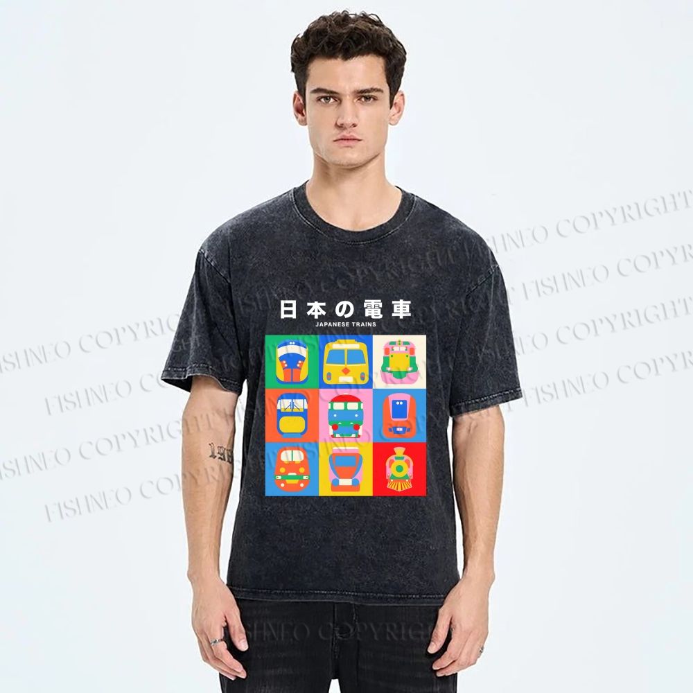 Unisex Japanese Trains Printed Washed Tee