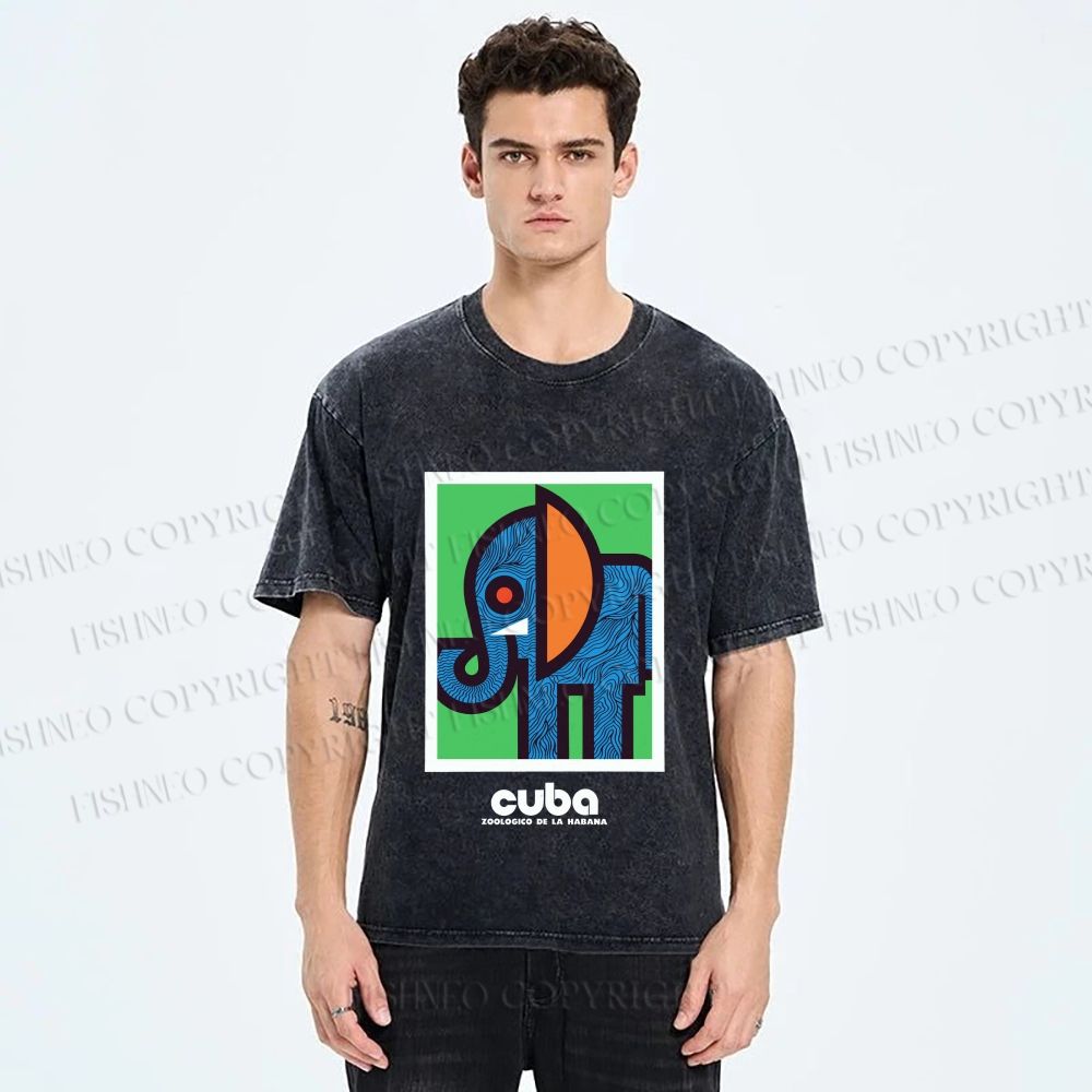 Unisex Cuban Zoo Elephant Printed Washed Tee