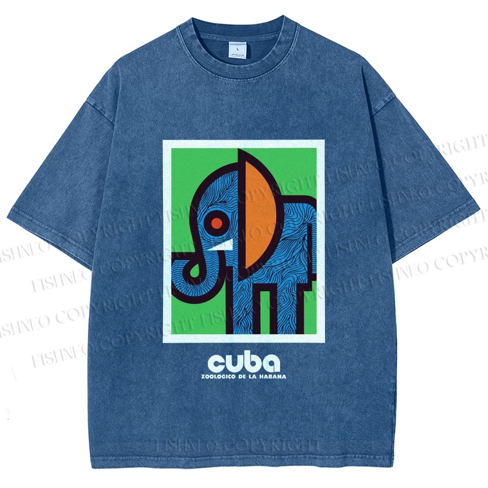 Unisex Cuban Zoo Elephant Printed Washed Tee